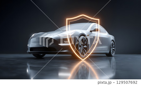 3D rendering of vehicle under virtual shield protection symbol 129507692