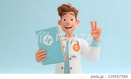 animated 3D character with health insurance plan brochure 129507760