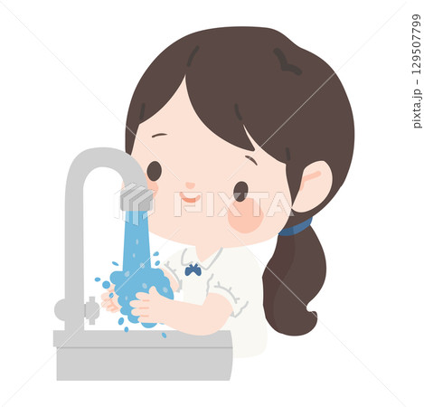 Cartoon Illustration of Woman Washing Hands 129507799