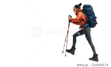 Woman hiking with poles and pack, created with AI, PNG Woman hiking with poles and pack, created with AI, PNG 129508114