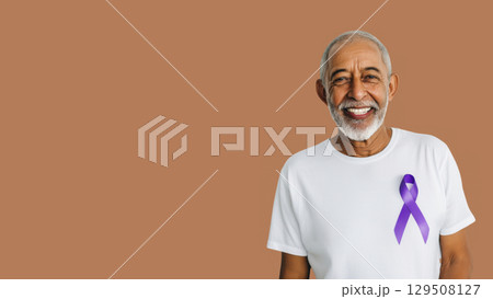 Senior man shows purple ribbon for Alzheimer's, created with AI 129508127