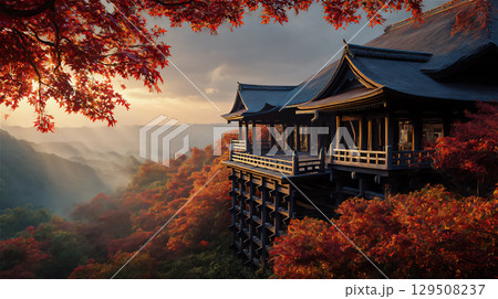 紅葉に囲まれた美しい日本の伝統的な建築 129508237