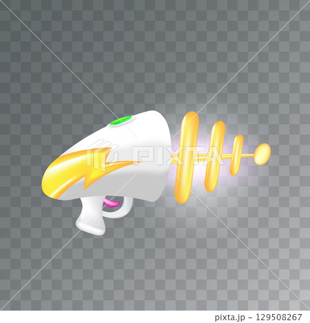 Cartoon super space energy blaster isolated on transparent background. Retro game label or icon with vintage space laser pistol gun. Tesla electric coil gun Cartoon super space energy blaster isolated on transparent background. Retro game label or icon with vintage space laser pistol gun. Tesla electric coil gun 129508267