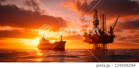公海に浮かぶ石油掘削プラットフォーム、世界のエネルギー産業コンセプト 129508294