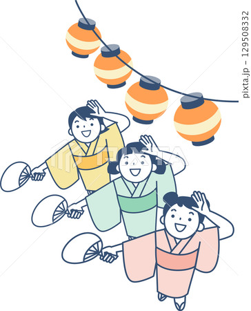 盆踊りで踊る浴衣を着た女の子たち 129508332