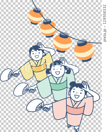 身著浴衣的女孩在盂蘭盆舞節上跳舞 129508332