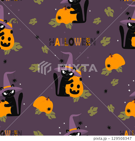 Halloween Seamless pattern. Cute Black Cat in Witch Hat With spider and Pumpkin jack o lantern on purple background. Vector illustration for festive design, packaging, wallpaper, textile. Not AI. Halloween Seamless pattern. Cute Black Cat in Witch Hat With spider and Pumpkin jack o lantern on purple background. Vector illustration for festive design, packaging, wallpaper, textile. Not AI. 129508347