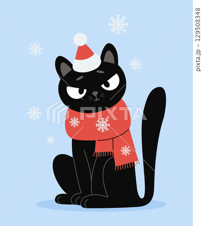 Cute Winter Black Cat in Red Scarf and Hat Under Snowflakes. Funny Pet character. Vector illustration. Not AI 129508348