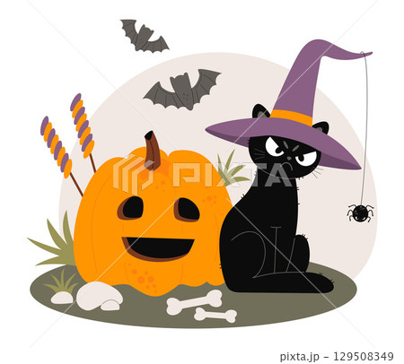 Angry Sad Black Cat Halloween In Witch Hat With spider and Pumpkin lantern Jack with Candy and Bats. Autumn holiday Funny Pet character. Vector illustration. Not AI 129508349