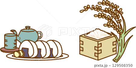 オニギリのイラストと枡に入った新米のイラスト オニギリのイラストと枡に入った新米のイラスト 129508350