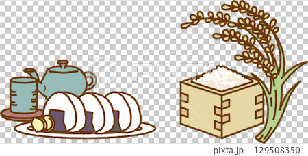 オニギリのイラストと枡に入った新米のイラスト オニギリのイラストと枡に入った新米のイラスト 129508350