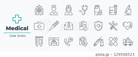 Medical clinic line icon set. Hospital, doctor, nurse, ambulance, first aid kit vector illustration. Simple outline sings for treatment and healthcare. Editable Stroke. 129508523