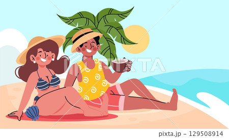 Flat Summer background with couple at the beach 129508914