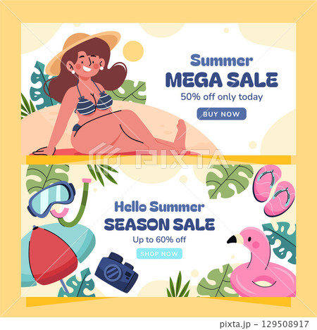 Flat Summer Sales horizontal banner Set 129508917