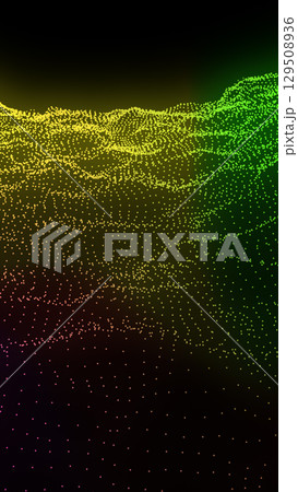 Abstract 3D grid of glowing yellow and green dots forming a wavy terrain against a dark background Abstract 3D grid of glowing yellow and green dots forming a wavy terrain against a dark background 129508936