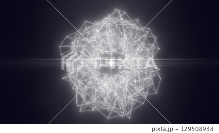 Dark abstract sphere made of glowing white nodes and geometric lines, resembling a minimalist digital data structure 129508938