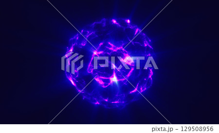 Electric purple energy sphere with glowing textures and dynamic light bursts in dark space 129508956