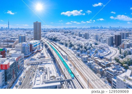 北とぴあより雪景色の東北新幹線と東京スカイツリーを望む 129509069