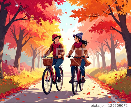 紅葉並木をサイクリングするカップル 129509072
