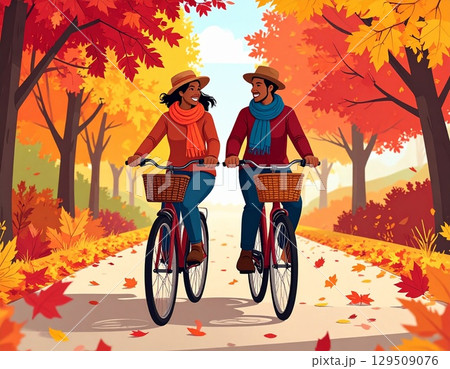 紅葉並木をサイクリングするカップル 129509076