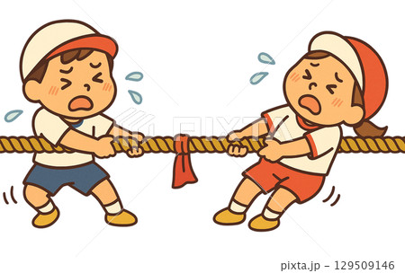 運動会で綱引きをする子供たちのかわいいイラスト 129509146