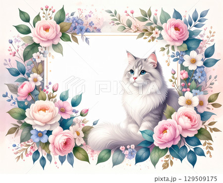 ボタニカルな花とふわふわのかわいい猫 129509175