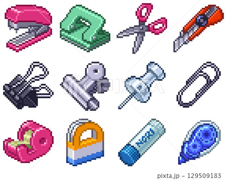 オフィス文房具のドット絵ピクトグラム素材 Vol.2（はさみ・カッター・クリップ等12点） 129509183