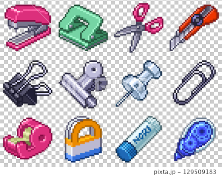 オフィス文房具のドット絵ピクトグラム素材 Vol.2（はさみ・カッター・クリップ等12点） 129509183