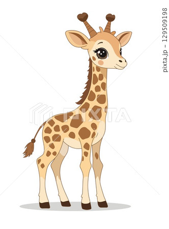 Cartoon giraffe with big eyes and a cute smile on a white background. Vector illustration in bright colors, ideal for children's projects, cards and design 129509198