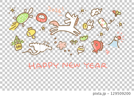 Cute hand-drawn New Year's card template 2026 featuring horses and lucky New Year's charms - Mt. Fuji, crane and turtle Cute hand-drawn New Year's card template 2026 featuring horses and lucky New Year's charms - Mt. Fuji, crane and turtle 129509200