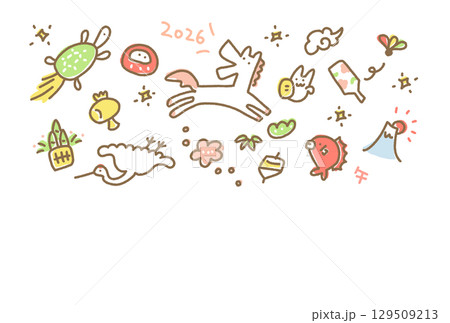 白馬と正月の縁起物の手描きのかわいい年賀状イラスト　2026・富士山・鶴亀 129509213