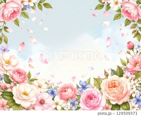 薔薇のフレームと花びらのイラスト 129509371