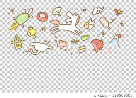 可愛的手繪新年賀卡插圖，上面有白馬和新年吉祥物：2026 年、富士山、鶴和烏龜 129509505