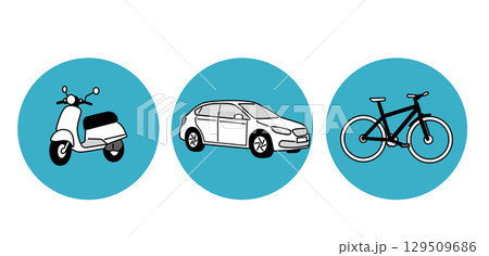シンプルな乗り物のイラスト　車　自転車　バイク 129509686