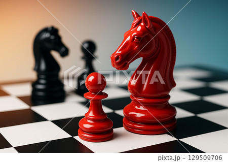 Glossy Chess Knights, close-up of red and black knights with pawns on chessboard under high contrast lighting to show texture 129509706
