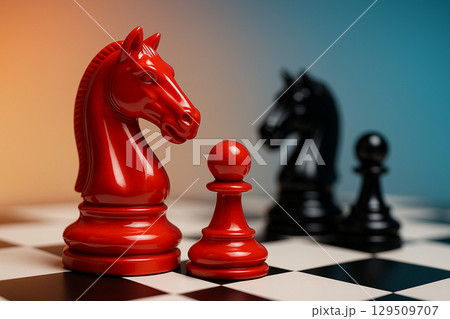Glossy Chess Knights, glossy red and black knights with pawns on reflective chessboard lit dramatically for cinematic visual effect 129509707
