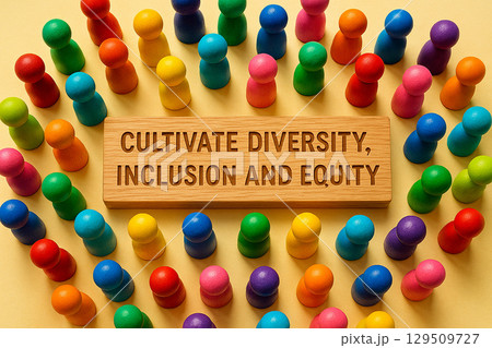 CULTIVATE DIVERSITY, INCLUSION AND EQUITY, Top-down view of multicolored wooden peg figurines surrounding a wooden banner promoting inclusion and diversity 129509727