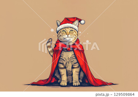 Happy cat in a red cloak with Santa hat 129509864
