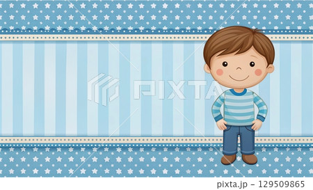 Baby boy shower card. Invitation template with cute toys, place for your text. Labels with letters and kids illustration. 129509865