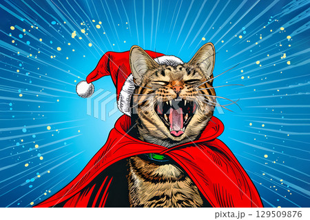 Happy cat in a red cloak with Santa hat 129509876
