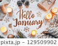 Winter flat lay with text Hello January  129509902
