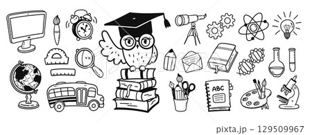 Vector line art doodle set of school objects 129509967