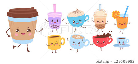 Cute smiling cups and drinks 129509982