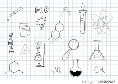 Chemistry research hand drawn sketch doodle line icons. Flasks and tubes back to school elements. Education science lab drawing. Chemistry research hand drawn sketch doodle line icons. Flasks and tubes back to school elements. Education science lab drawing. 129509987
