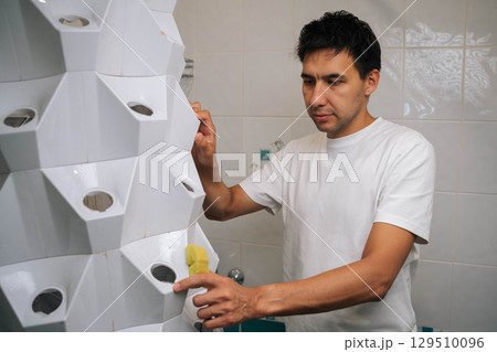 Gardener male wiping vertical hydroponic tower garden with yellow sponge, maintaining clean growing environment in contemporary bathroom space. Concept of healthy and sustainable cultivation. 129510096