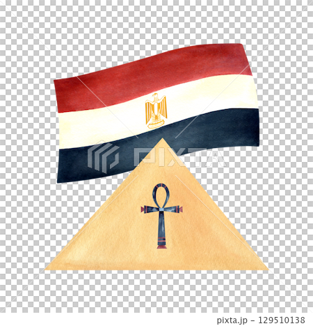 Egyptian ancient national symbols. Abstract pyramid with Ankh, flag of Egypt. Watercolor illustration isolated from background. Hand drawn composition for postcard on state holidays and souvenirs Egyptian ancient national symbols. Abstract pyramid with Ankh, flag of Egypt. Watercolor illustration isolated from background. Hand drawn composition for postcard on state holidays and souvenirs 129510138