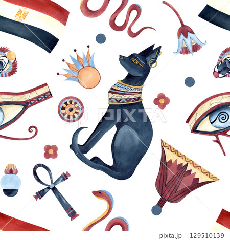 Egyptian symbols seamless pattern, icons, ancient ornaments. Bastet, Scarab beetle, Eye of Horus, flag of Egypt, Ankh, sacred abstract lotus. Watercolor illustration isolated from background 129510139