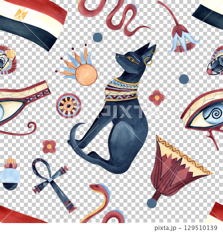 Egyptian symbols seamless pattern, icons, ancient ornaments. Bastet, Scarab beetle, Eye of Horus, flag of Egypt, Ankh, sacred abstract lotus. Watercolor illustration isolated from background Egyptian symbols seamless pattern, icons, ancient ornaments. Bastet, Scarab beetle, Eye of Horus, flag of Egypt, Ankh, sacred abstract lotus. Watercolor illustration isolated from background 129510139