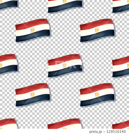 Flag of Egypt seamless pattern. Tricolor banner with Egyptian symbol of gold eagle. Hand drawn watercolor illustration isolated from background. For souvenir products, packaging on national holidays Flag of Egypt seamless pattern. Tricolor banner with Egyptian symbol of gold eagle. Hand drawn watercolor illustration isolated from background. For souvenir products, packaging on national holidays 129510140