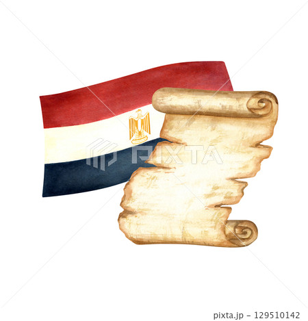Egyptian symbols. Papyrus scroll and flag of Egypt. Ancient old paper. Watercolor illustration isolated from background. Hand drawn composition for postcard, template for text on state holidays 129510142